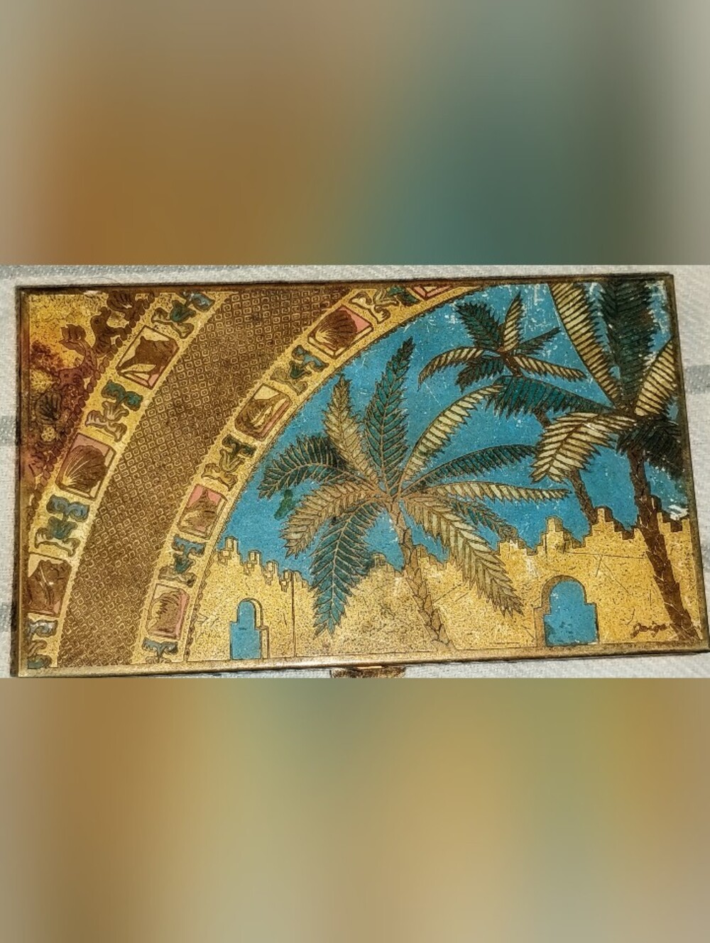 Vintage Volupte USA Cigarette Case Egyptian Revival Palm Trees Enamel Gaige